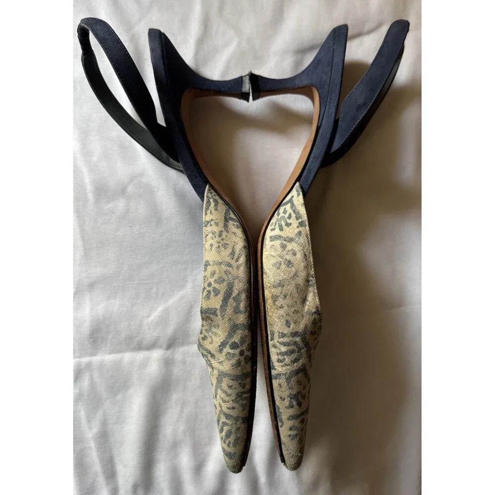 Manolo Blahnik Woven Canvas/ Suede Pointed Toe Slingback Pumps Kitten Heels Flaw